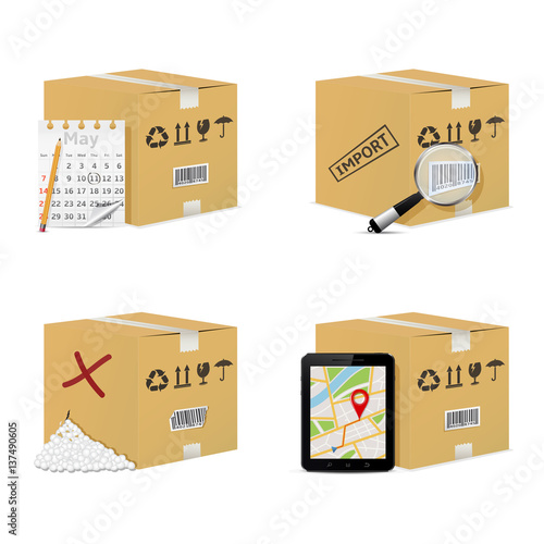 Delivery icons. Cardboard boxes with calendar, magnifying glass, tablet pc and damaged box.