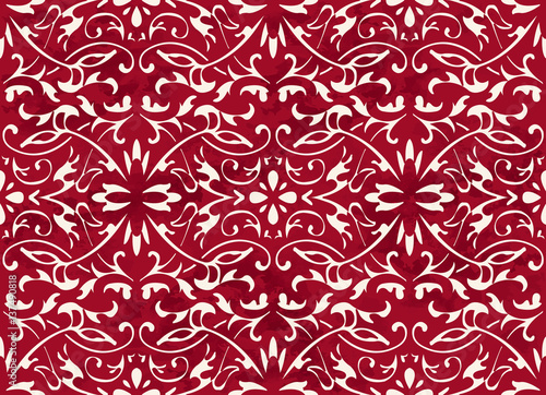 Seamless Vintage Red Chinese Background Curve Spiral Vine Leaf Flower