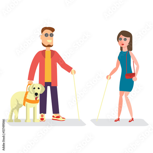 Blind man with walking stick and woman with guide dog. Isolated Vector illustration of Disabled people