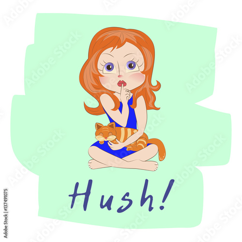 Cute little girl with sleeper kitty says hush with finger on her lips. Isolated Cartoon character for apparel, T-shirt, pyjamas print, Book illustrations for children or other uses in vector eps 10