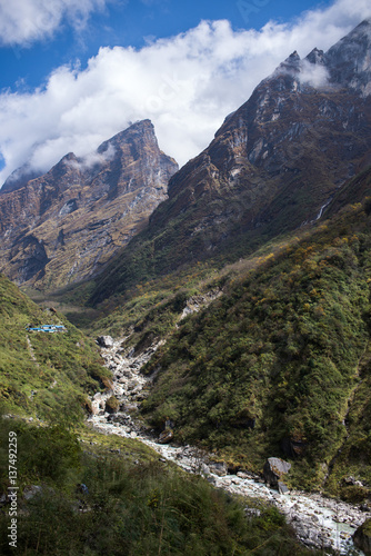 View on the way from Dovan to Deurali , Annapurna mountain range at Himalaya Nepal