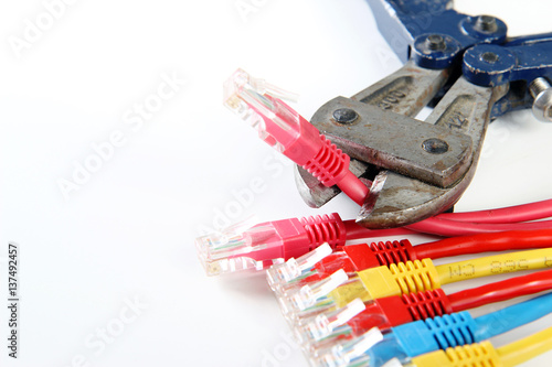 group of connectors rj45 and cut wire with pliers