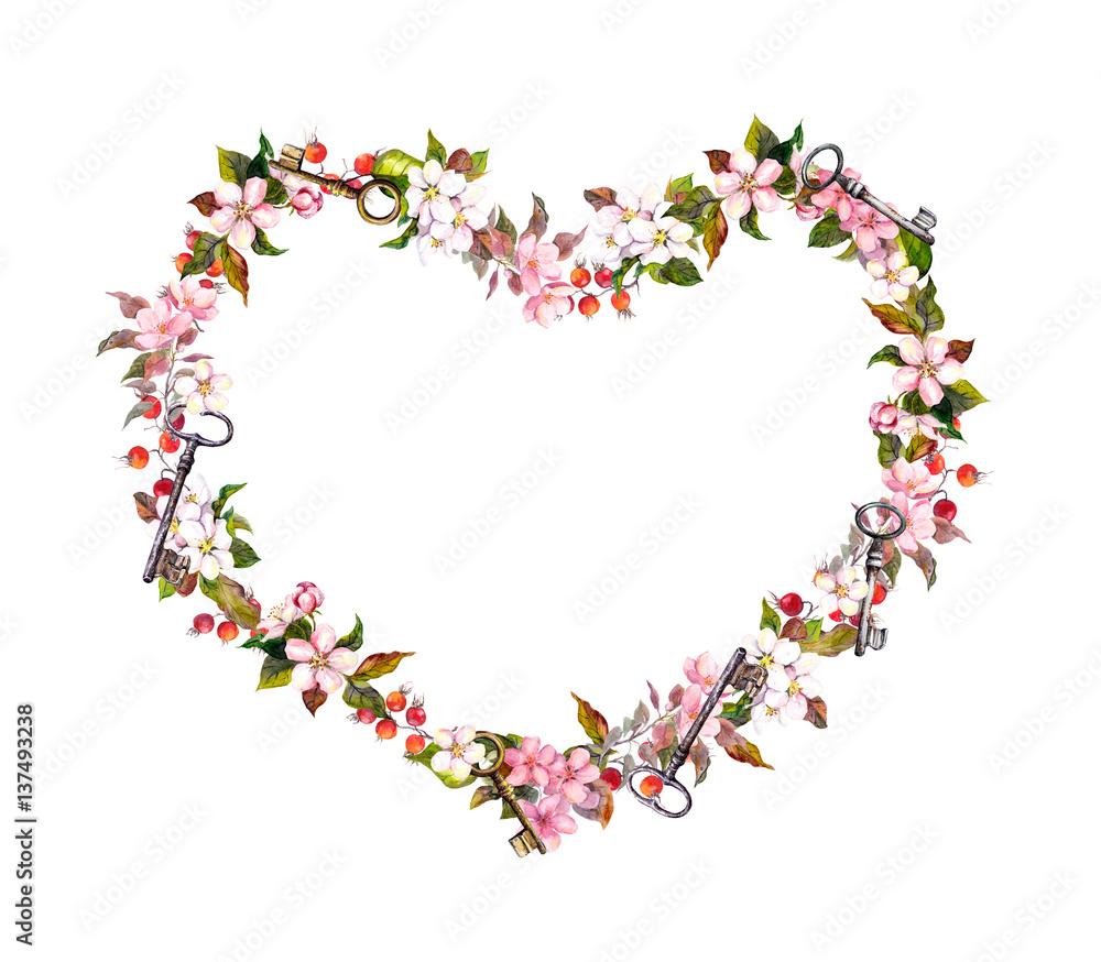 Floral wreath - heart shape. Pink flowers, hearts, keys. Watercolor for Valentine day, wedding