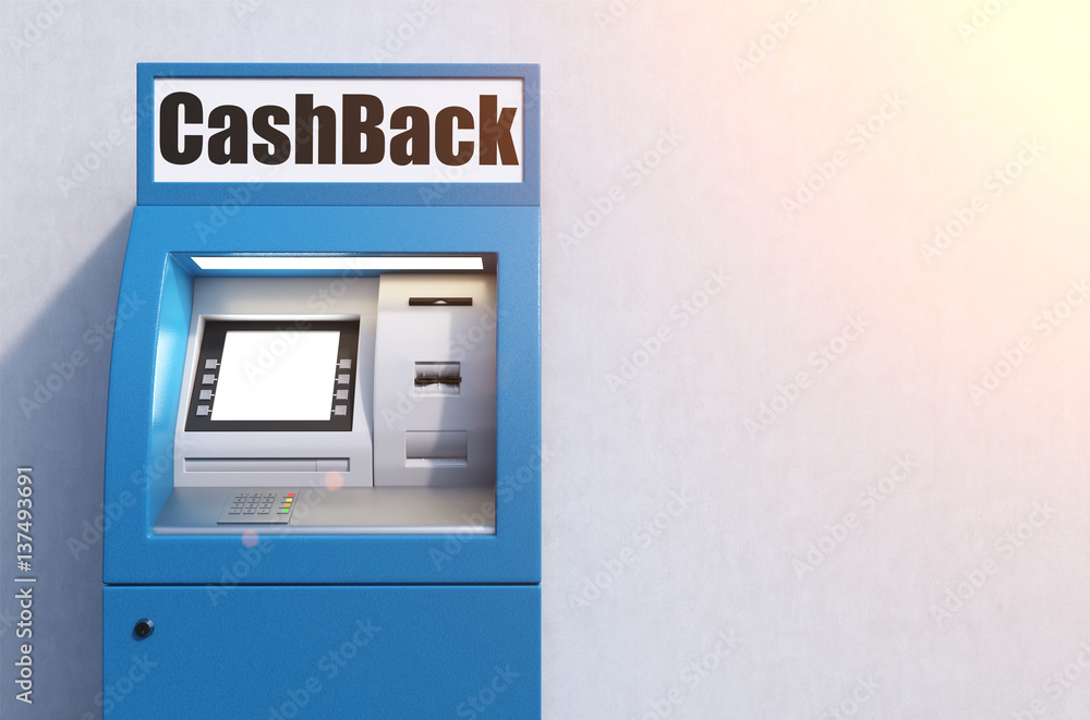 Closeup of a blue atm machine near a concrete wall Closeup of a blue atm machine near a concrete wall