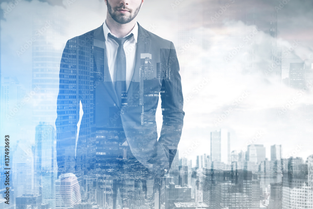Fototapeta premium Man with black tie and a city, toned
