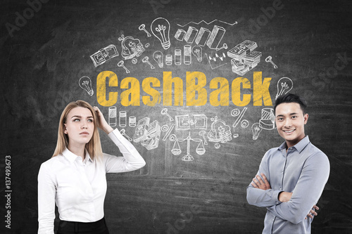 Asian man and woman and cash back on blackboard photo