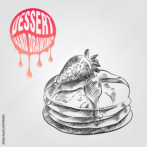 Pancakes hand drawn sketch isolated on white background and pink blob with drops. Dessert sketch elements vector illustration