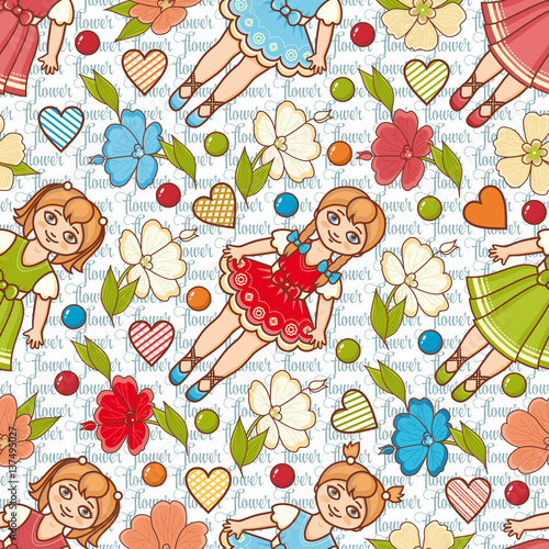 Little Ballerina and Flower. Cartoon style. Seamless pattern. Baby Doll. 