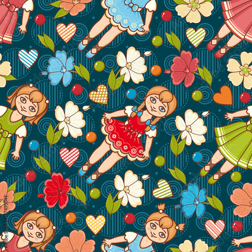 Little Ballerina and Flower. Cartoon style. Seamless pattern. Baby Doll. 
