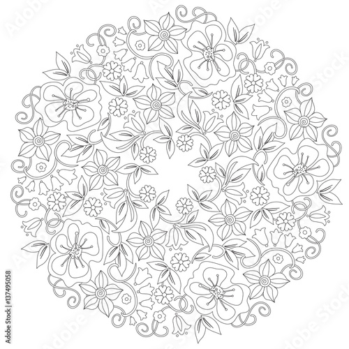 Doodle floral round ornament in black and white. Page for coloring book  relaxing job for children and adults. Zentangle drawing.
