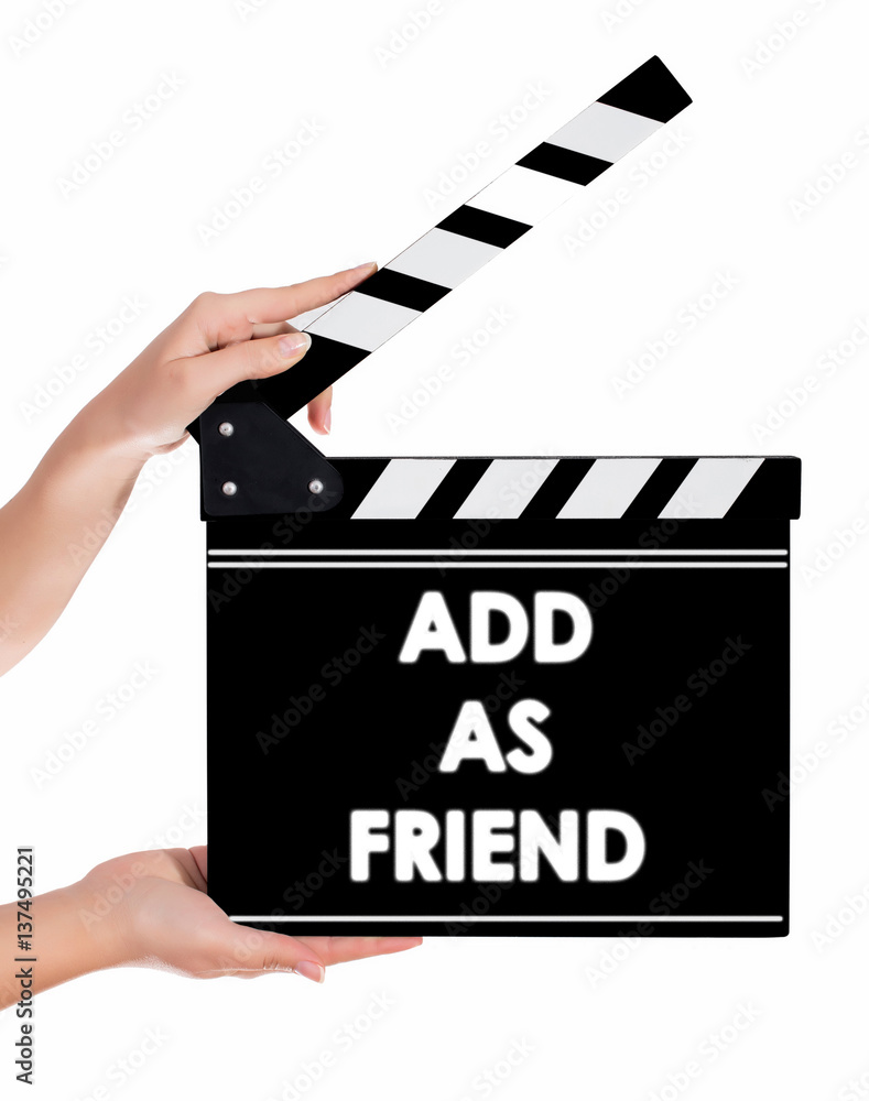 Hands holding a clapper board with ADD AS FRIEND text