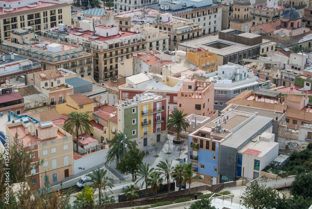 A panoramic view over the roofs at the center of Alicante, Spain.