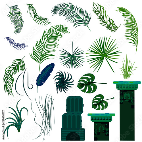 Jungle leaves and old ruin columns isolated objects. Rainforest vector plants and green palms.