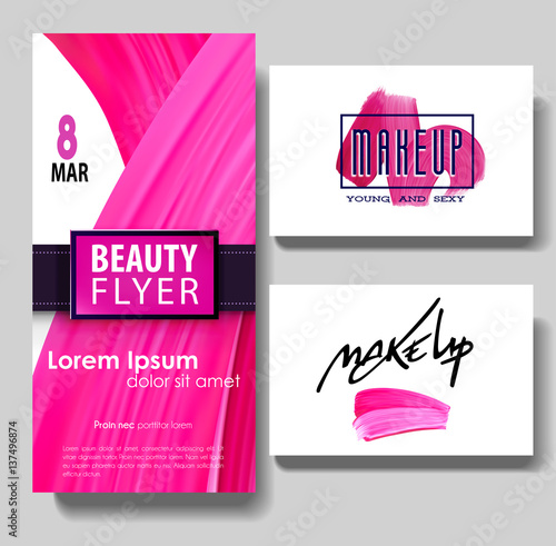 Makeup business card. Make up letters and lipstick mark texture. 8 march womens day pink invitation template