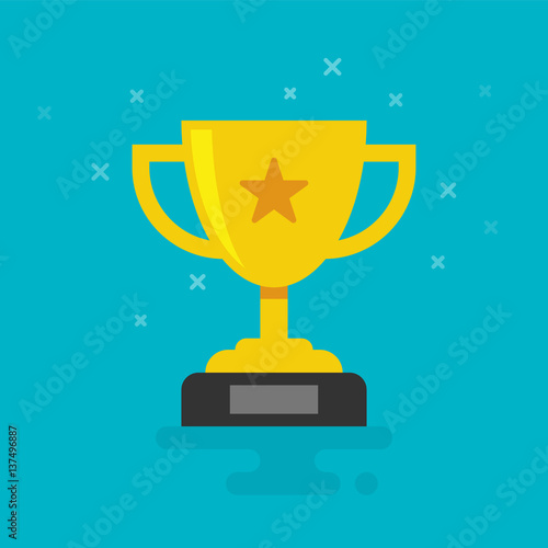 Trophy Cup Vector Flat Icon with star on cyan background