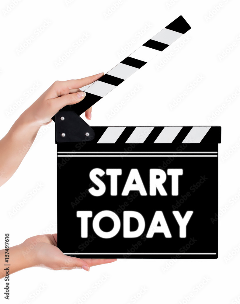 Hands holding a clapper board with START TODAY text