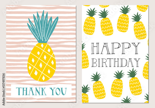 Set of pineapple cards. Happy birthday. Thank you. Vector