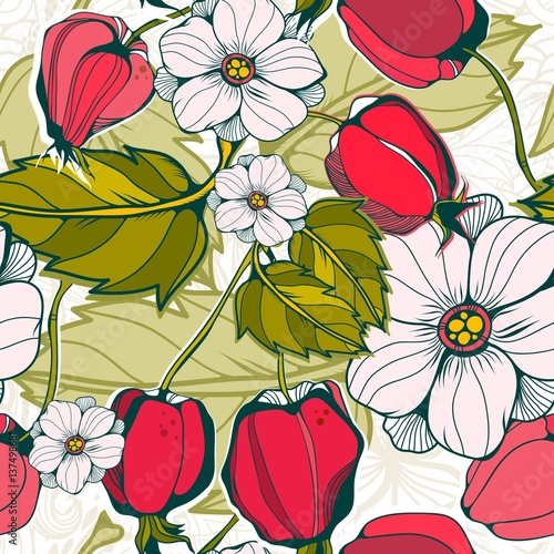 Amazing vector pattern of blossom cheery and berries. 