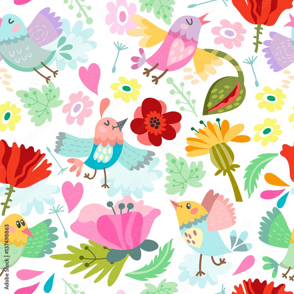 Fototapeta Beautiful floral seamless pattern of bird and flowers. Bright illustration, can be used for creating card, invitation card for wedding,wallpaper and textile.