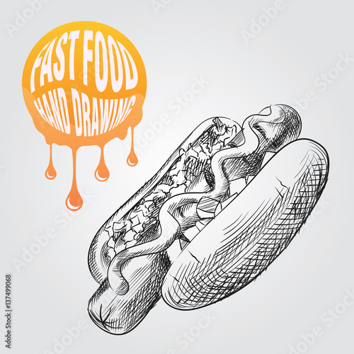 Hot Dog hand drawn sketch isolated on white background and yellow blob with drops. Fast food sketch elements vector illustration