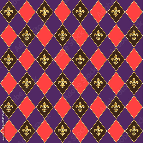 Carnival, Festival, Masquerade poster, invitation pattern design. Mardi Gras checkered pattern with fleur-de-lis. Vector Vintage ornament