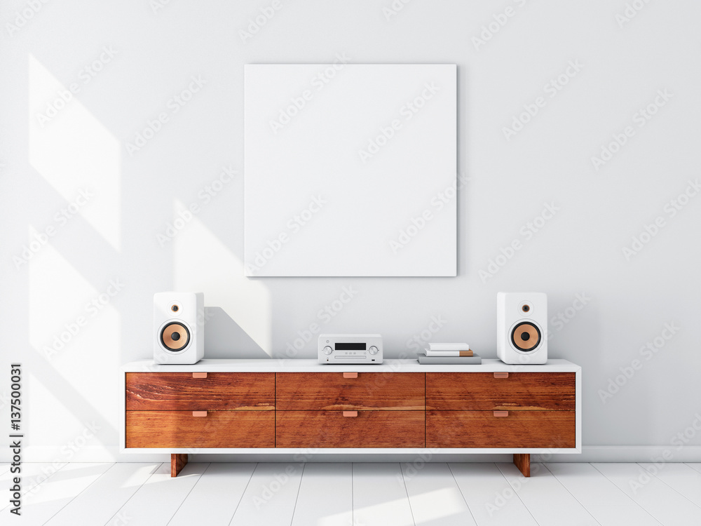 Square white canvas Mockup hanging on the wall, hi fi micro system on bureau,3d rendering - obrazy, fototapety, plakaty 