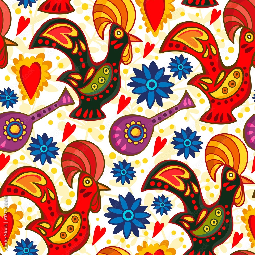 Vector seamless pattern of traditional Portuguese rooster in bright colors. Vector seamless pattern of traditional Portuguese rooster in bright colors.