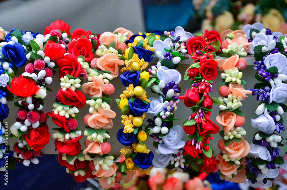 A very colorful floral headband, coronet