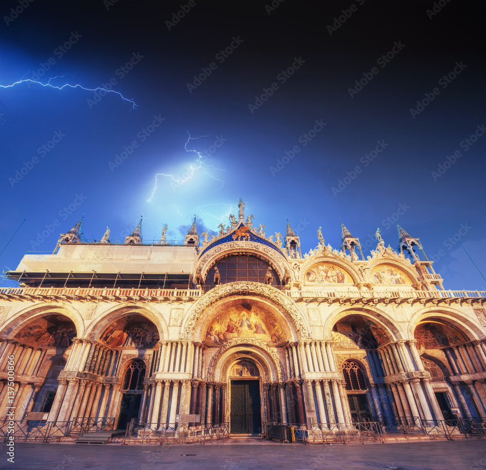 Beautiful view of the sky with lightning. Patriarchal Cathedral 