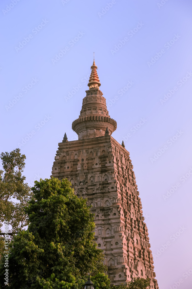 Mahabodhi pagoda near sun set, bodh gaya, India.