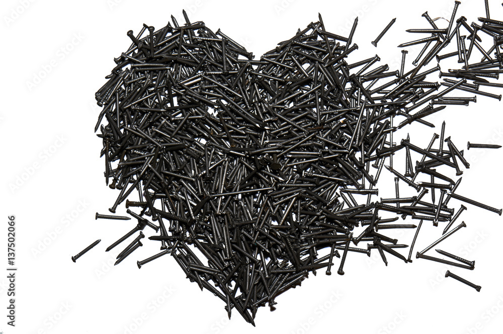 isolated heart made out of nails. Broken man's heart.