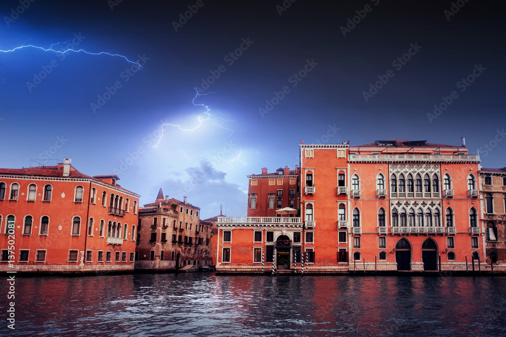 Beautiful lightning over the city. Landscape Venice