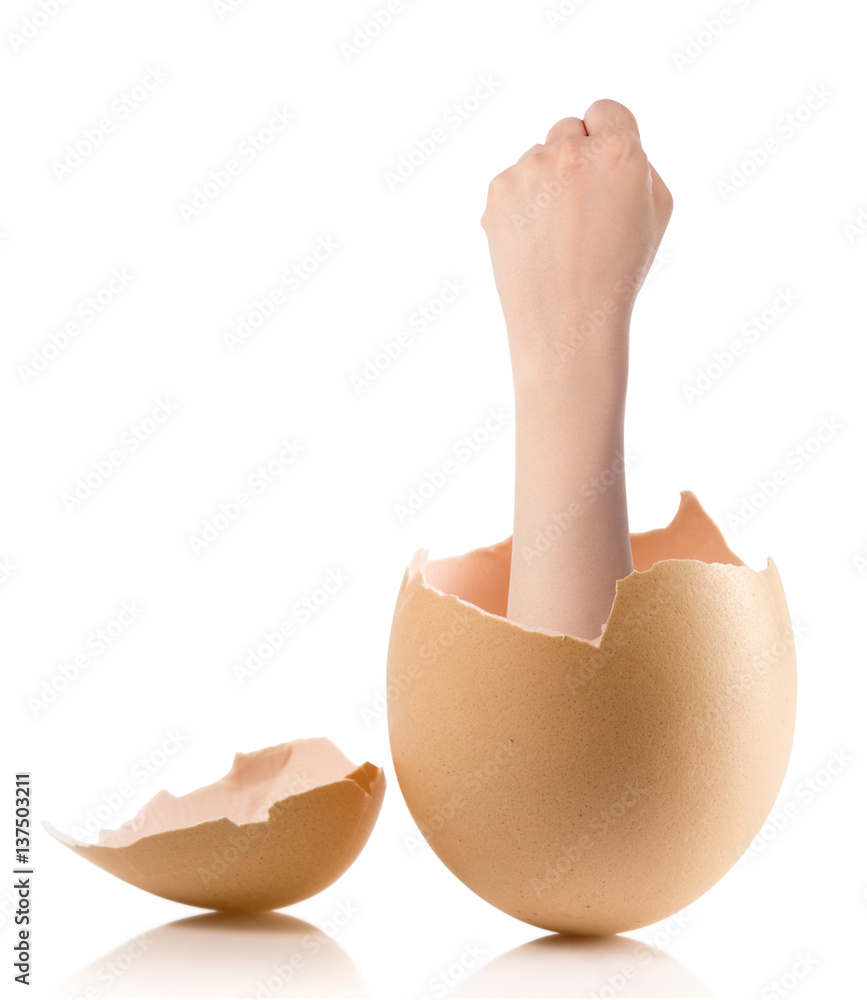 Hand with broken egg isolated on white backround Hand with broken egg isolated on white backround