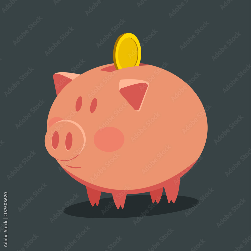Fototapeta premium Piggy bank. Cartoon pig with a coin on grey background