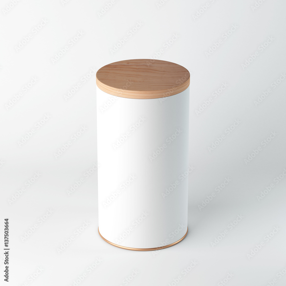 White Blank Tin Can mockup with wooden cover, lid. Cylindrical packaging, Tea, coffee. 3d rendering White Blank Tin Can mockup with wooden cover, lid. Cylindrical packaging, Tea, coffee. 3d rendering