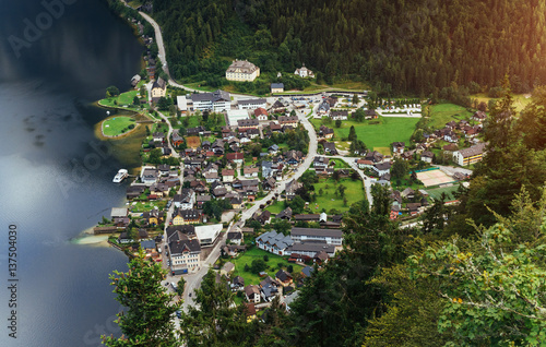 View from height on Hallstatt town between the mountains. Austri