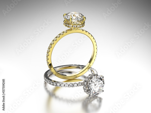 3D illustration two gold and silver rings with diamonds