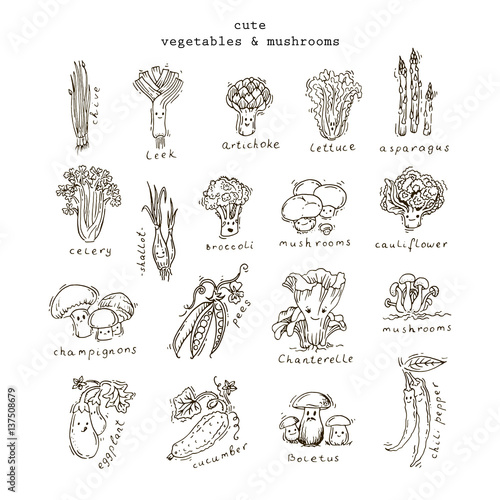 Cute smiling vegetables and mushrooms