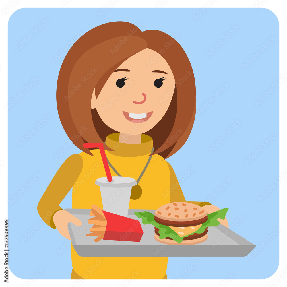 Woman with a tray of food in his hands. Woman with a tray of food in his hands.
