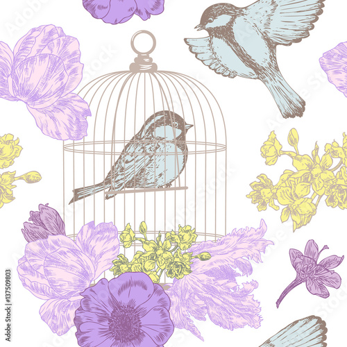 Birds, flowers, nest, eggs, cage seamless pattern