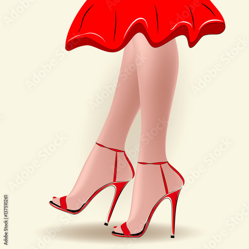 Elegant female legs walking with red shoes on