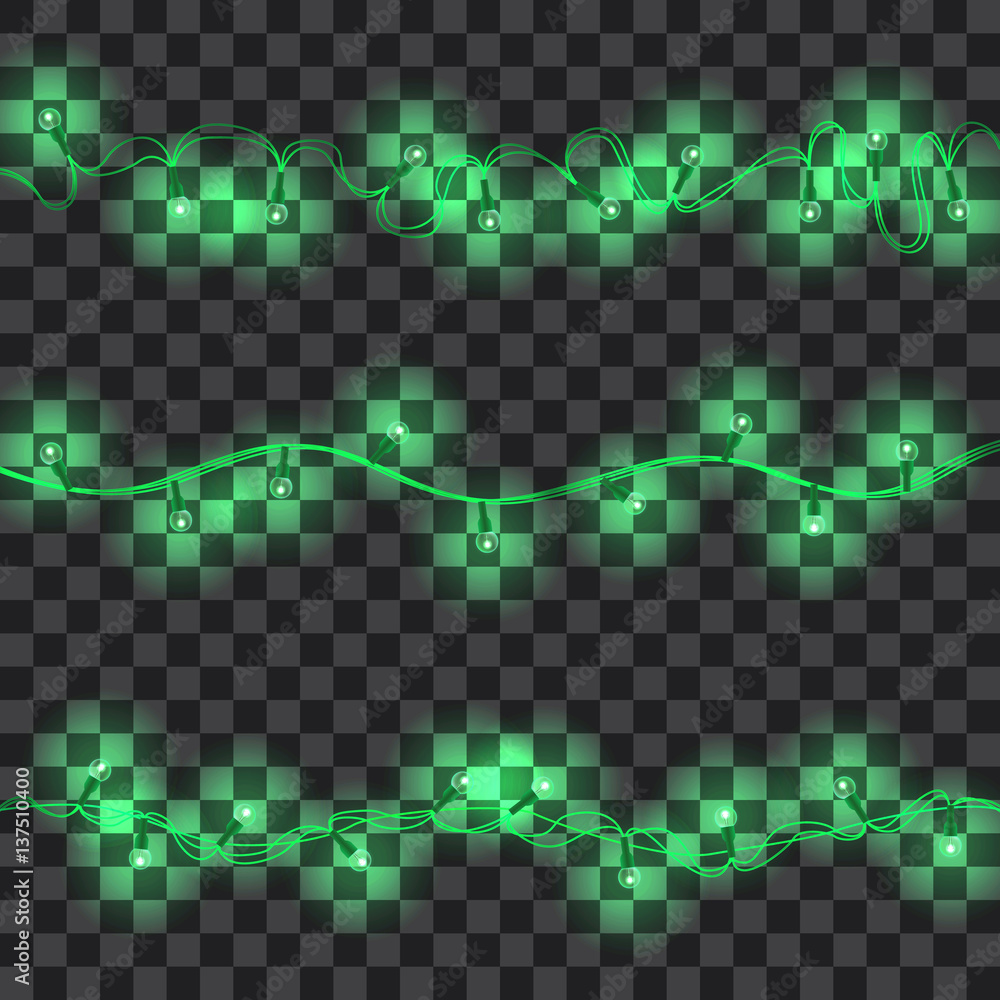 Set of green shining garland lights with holders isolated on transparent background. Christmas, New Year party decoration realistic design elements. Glowing lights for Xmas. Holiday greeting design. Set of green shining garland lights with holders isolated on transparent background. Christmas, New Year party decoration realistic design elements. Glowing lights for Xmas. Holiday greeting design.