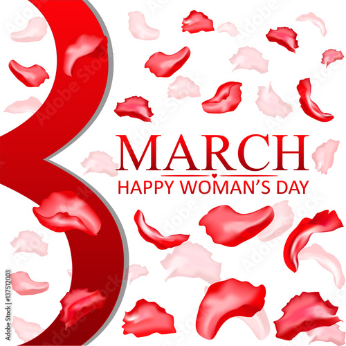 Women day background with rose petals on white background. 8 March invitation card. Vector illustration