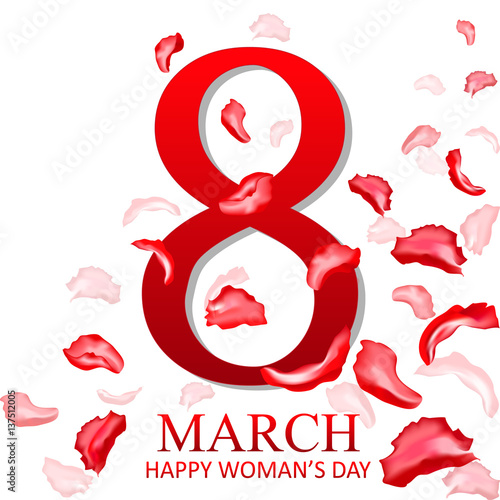Women day vector background with rose petals on white background. 8 March invitation card.