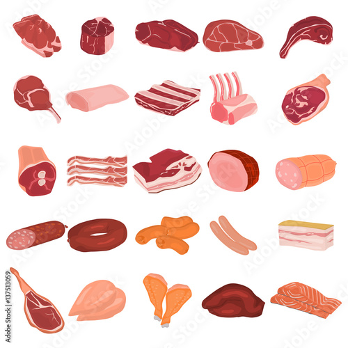 Realistic meat slices and meat products color flat icons set. For web and mobile design