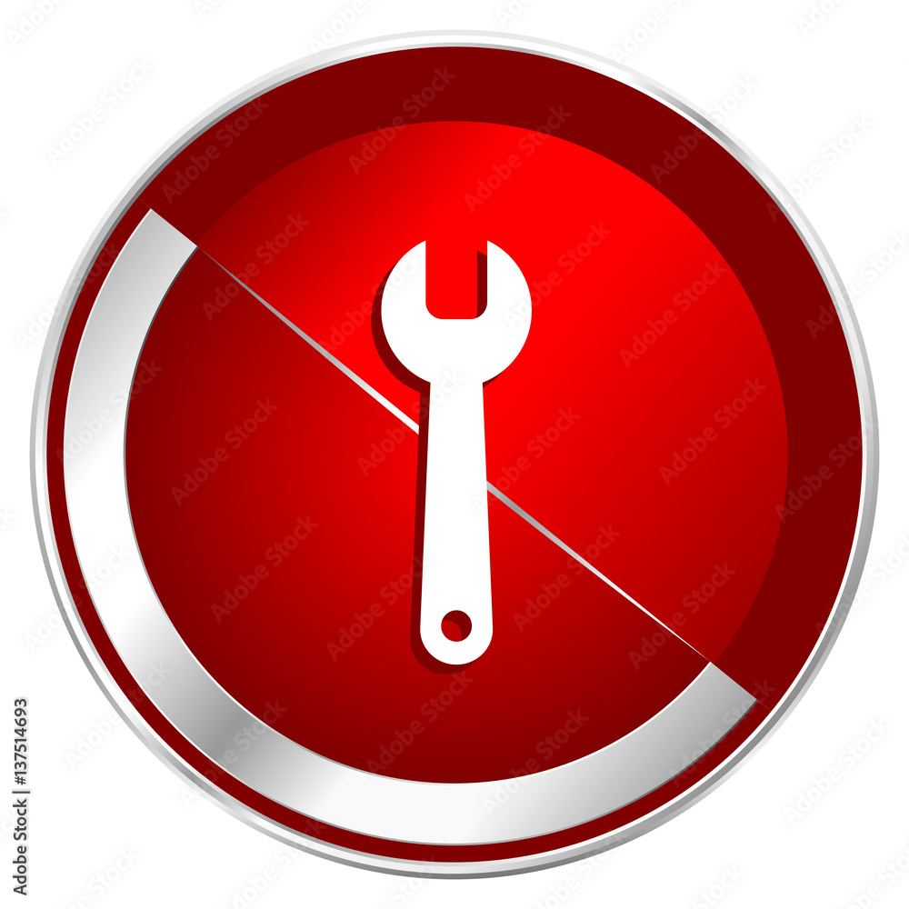 Tool red web icon. Metal shine silver chrome border round button isolated on white background. Circle modern design abstract sign for smartphone applications. Tool red web icon. Metal shine silver chrome border round button isolated on white background. Circle modern design abstract sign for smartphone applications.