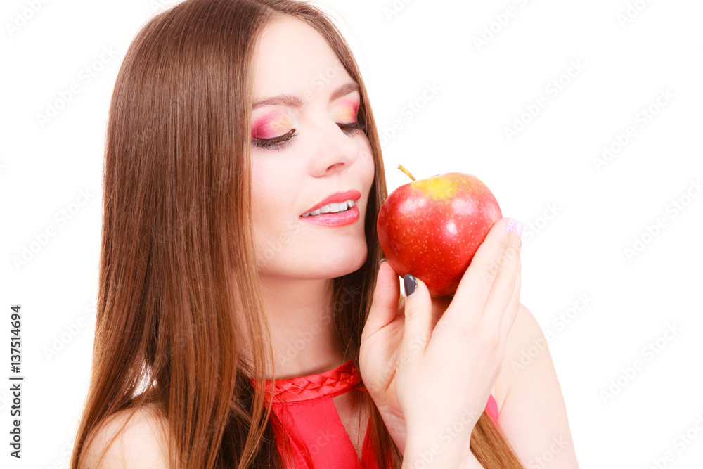Woman charming girl colorful makeup holds apple fruit Woman charming girl colorful makeup holds apple fruit