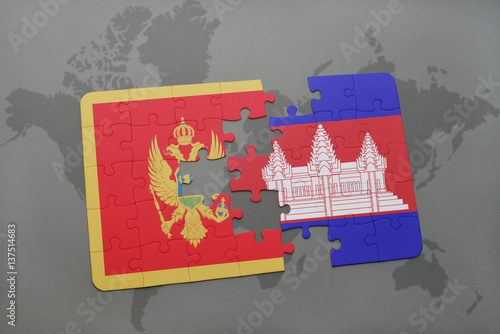 puzzle with the national flag of montenegro and cambodia on a world map
