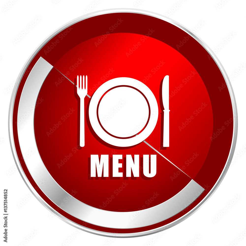 Menu red web icon. Metal shine silver chrome border round button isolated on white background. Circle modern design abstract sign for smartphone applications. Menu red web icon. Metal shine silver chrome border round button isolated on white background. Circle modern design abstract sign for smartphone applications.