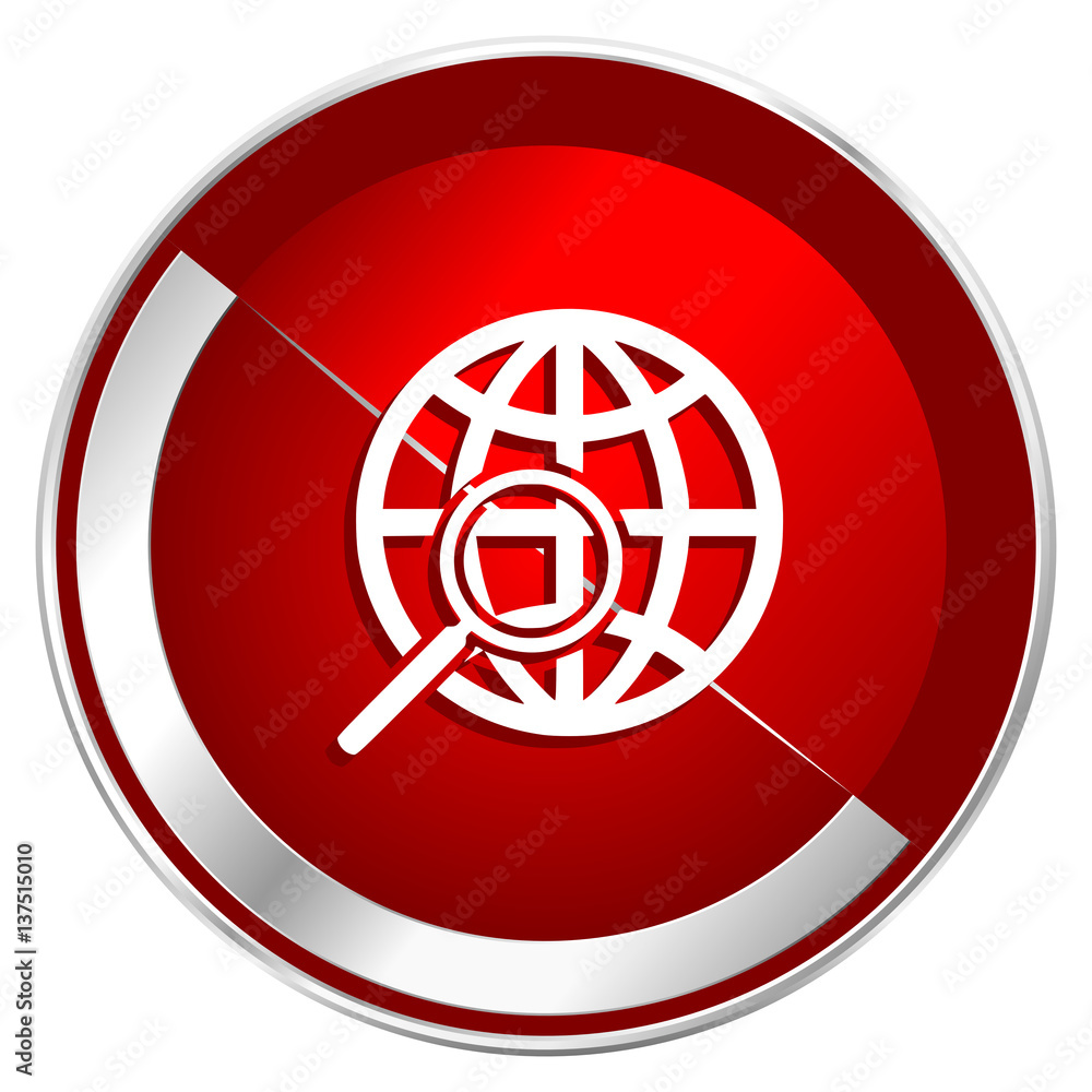 Search red web icon. Metal shine silver chrome border round button isolated on white background. Circle modern design abstract sign for smartphone applications. Search red web icon. Metal shine silver chrome border round button isolated on white background. Circle modern design abstract sign for smartphone applications.